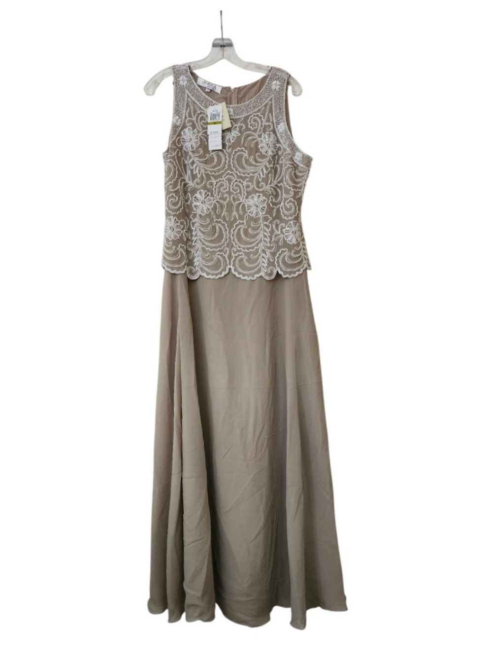 J Kara Nwt Taupe Maxi Dress with White Lace Overlay Size 14